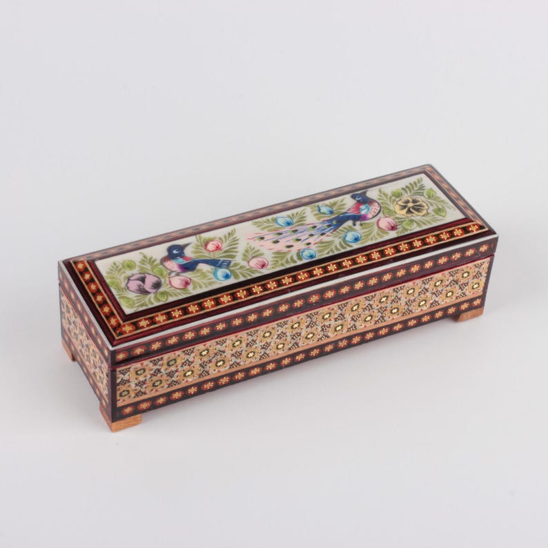 Handmade Persian Khatam Pen & Jewelry Box | Floral Bird Painted Wooden Case | Velvet-Lined
