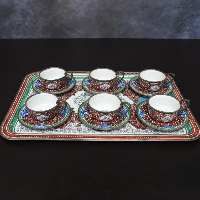 Antique Persian Minakari Enamel Floral Birds Tea & Coffee Cups Saucers Tray Set، نمای 2