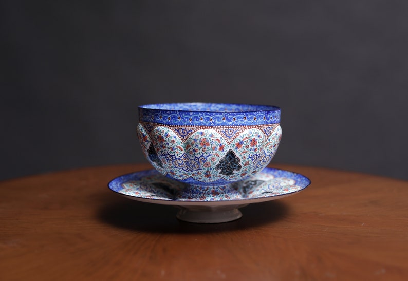 Decorative Handpainted Persian Minakari Bowl & Plate Set | Handmade Enamel Set | Unique Ho، نمای 2