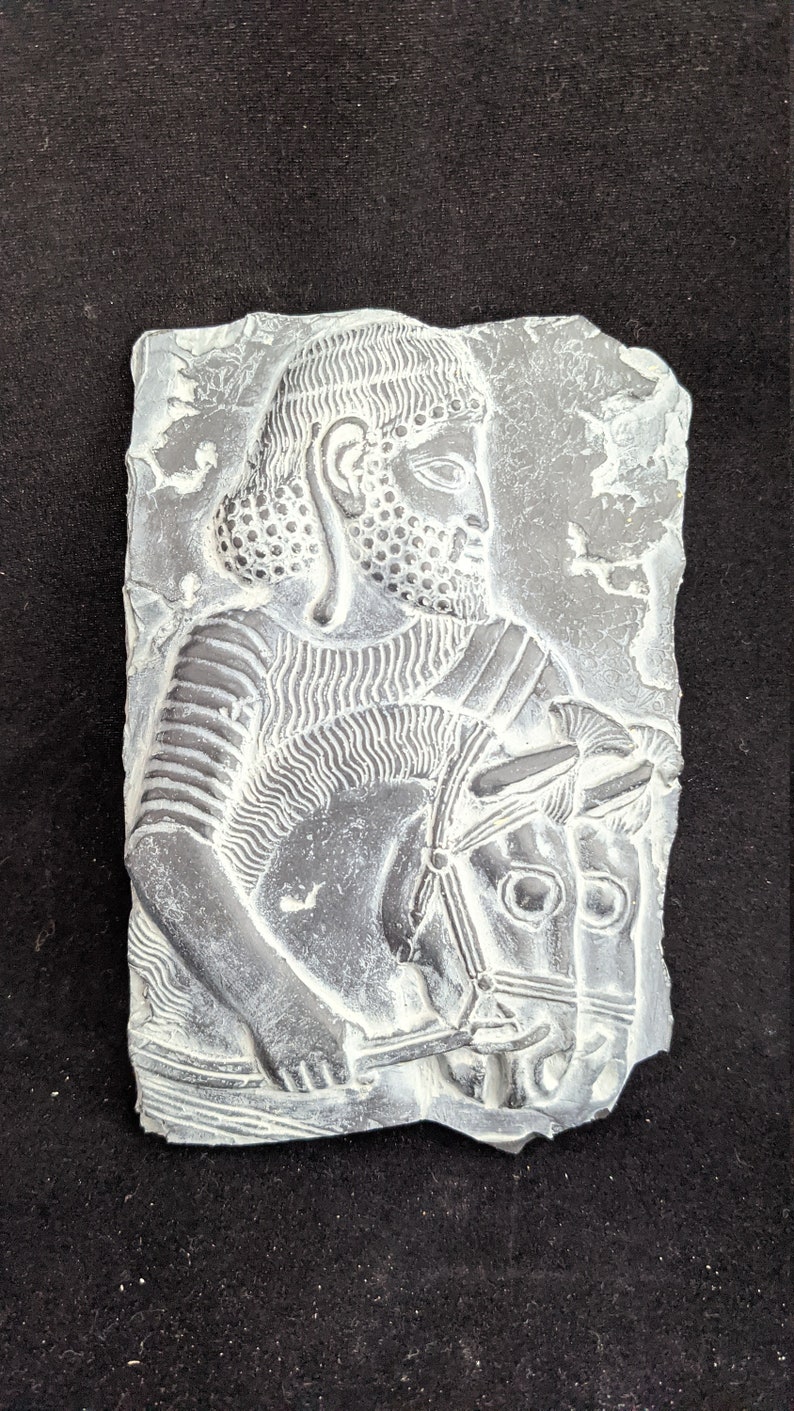 Assyrian Persian man and horses sculpture plaque mini-SF