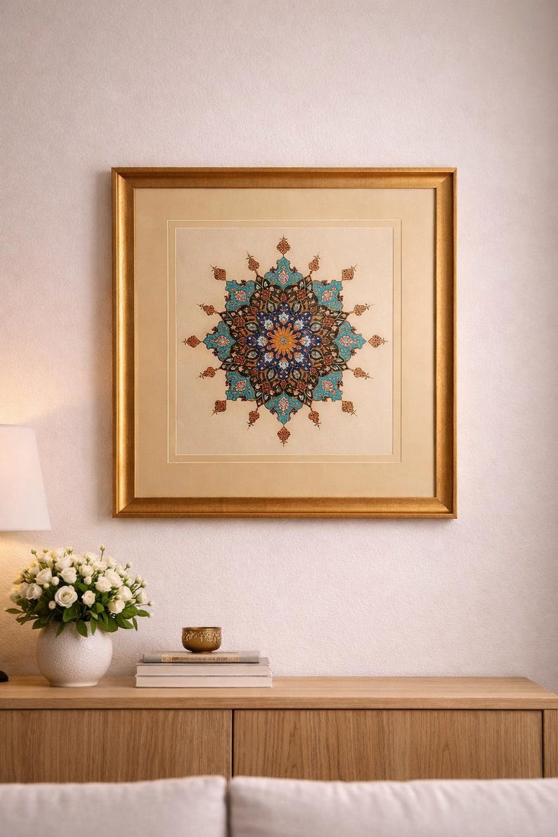 Handmade Persian Shamsa Art – Green & Turquoise Islamic Illumination, Framed، نمای 2