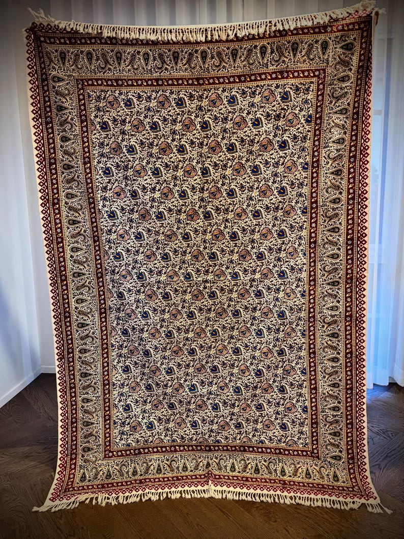 Large Handmade Persian Ghalamkar Tablecloth: Block Printed Cotton, Natural Dye (196x130 cm
