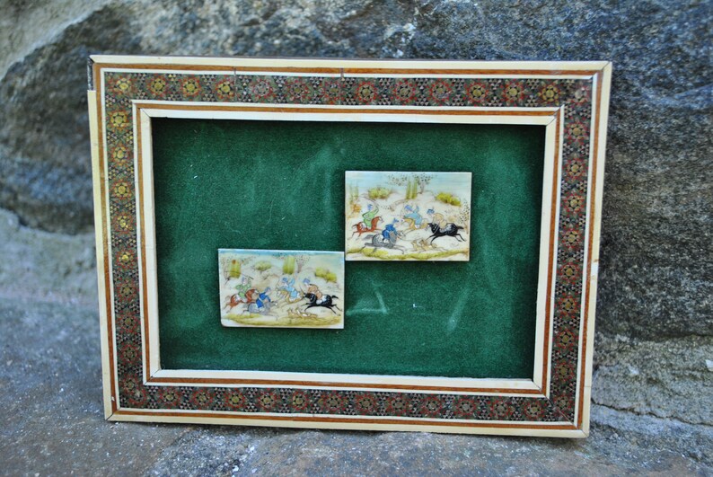 Antique Persian Camel Bone Painting Miniature Framed Artwork