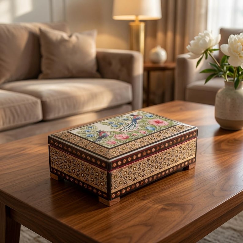 Hand-Painted Persian Khatam Box: Floral Bird Miniature Art Jewelry Box