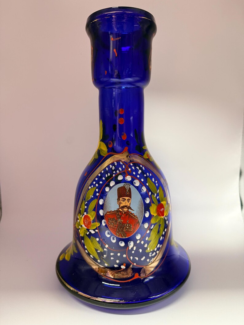 Antique Colbalt Blue Hand Painted Persian Glass Hookah Base