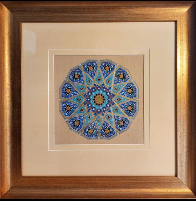 Handmade Persian Illumination Artwork – 24k Gold Shamsa Design, Framed، نمای 2