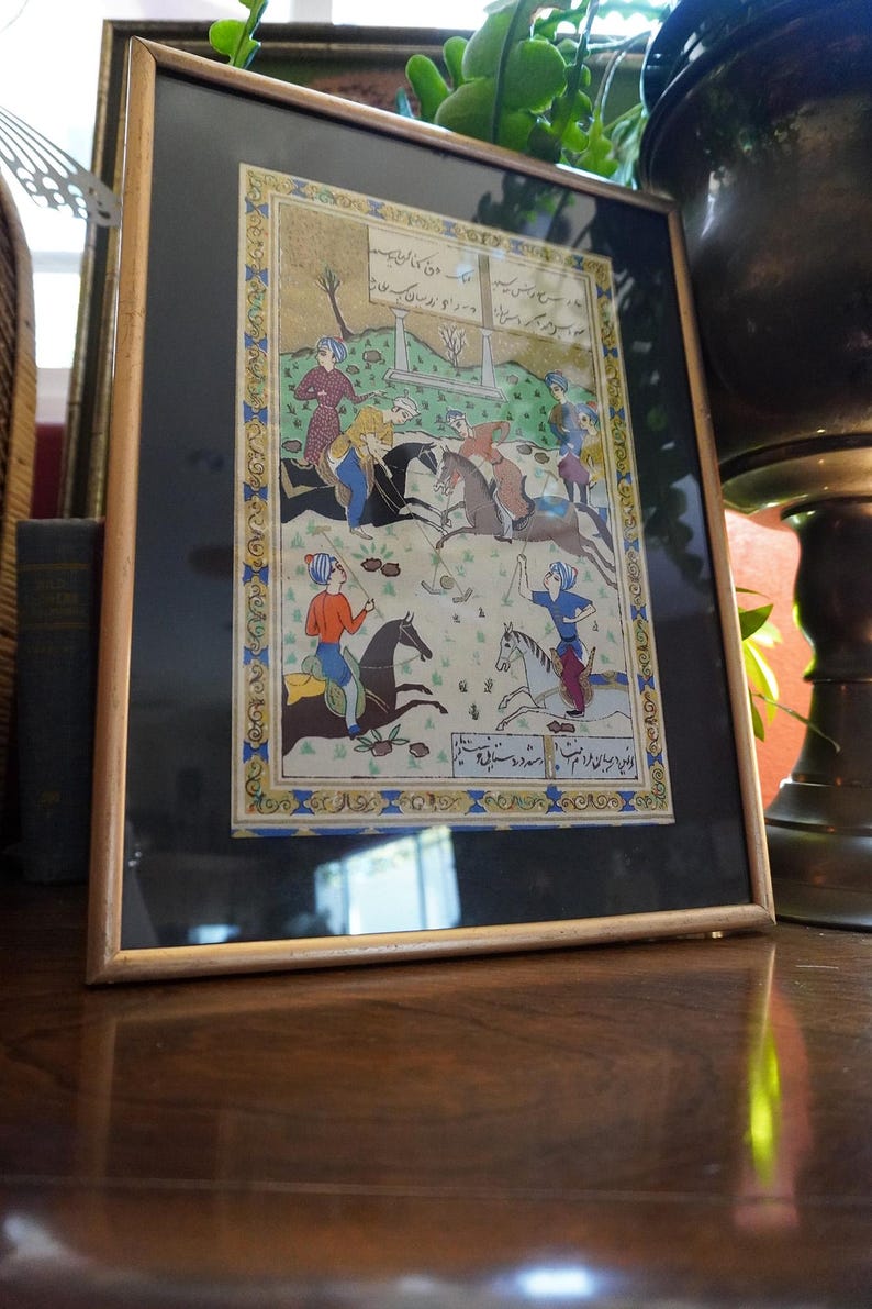 Vintage Vintage Persian Miniature Painting | Hand-Painted Islamic Art | Equestrian Hunting، نمای 2