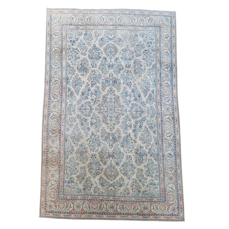 Vintage Hand-Knotted Persian Rug: 7.8x10.6 ft, Blue Ivory Floral Wool Carpet, view 2