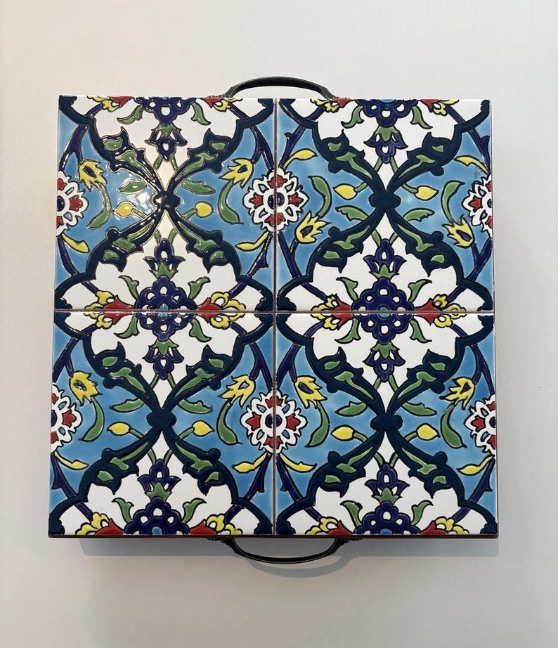 Persian Serving Tray, Ceramic Tile Tray, Mosaic Tile Tray, Metal Handle Serving Tray, Hand