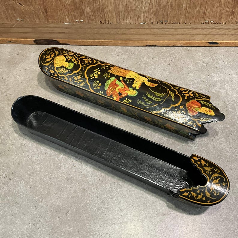 Vintage Persian Lacquer Pen Box, Hand-Painted Qalamdan Sliding Case, Floral Miniature Scen
