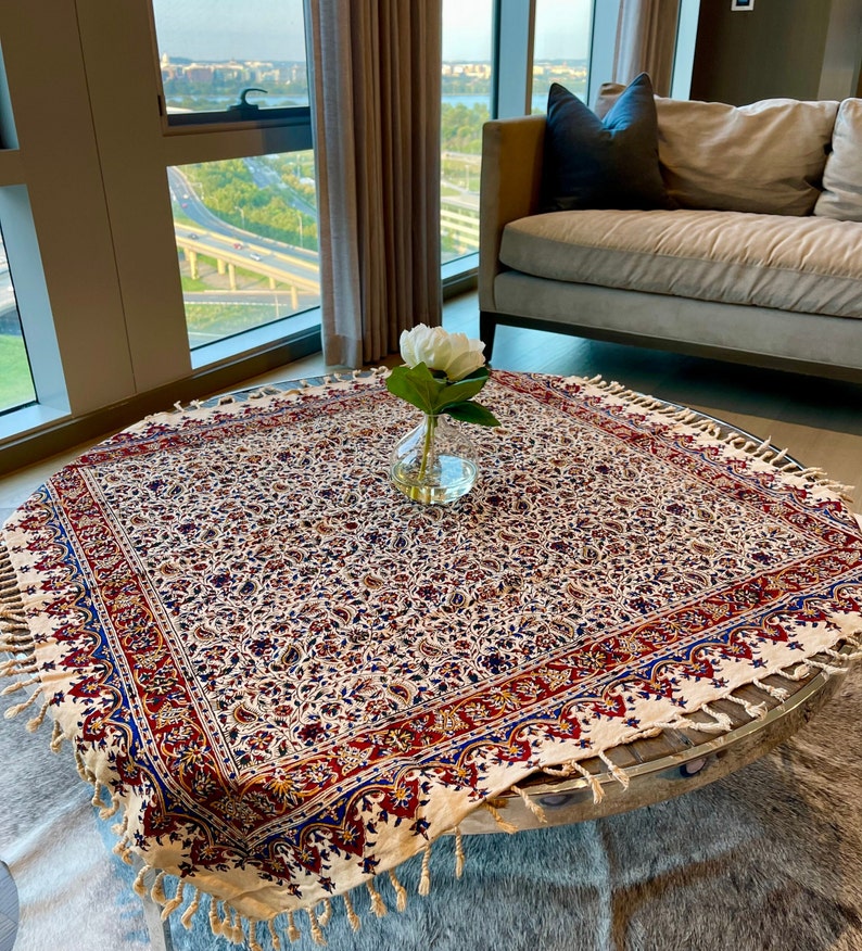 Hand-Painted Vintage Cotton Tablecloth: Floral Block Print Boho Table Topper