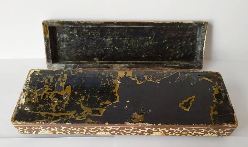 Antique Persian Lacquered Qalamdan (Pen box) Handpainted with Flowers & Vines