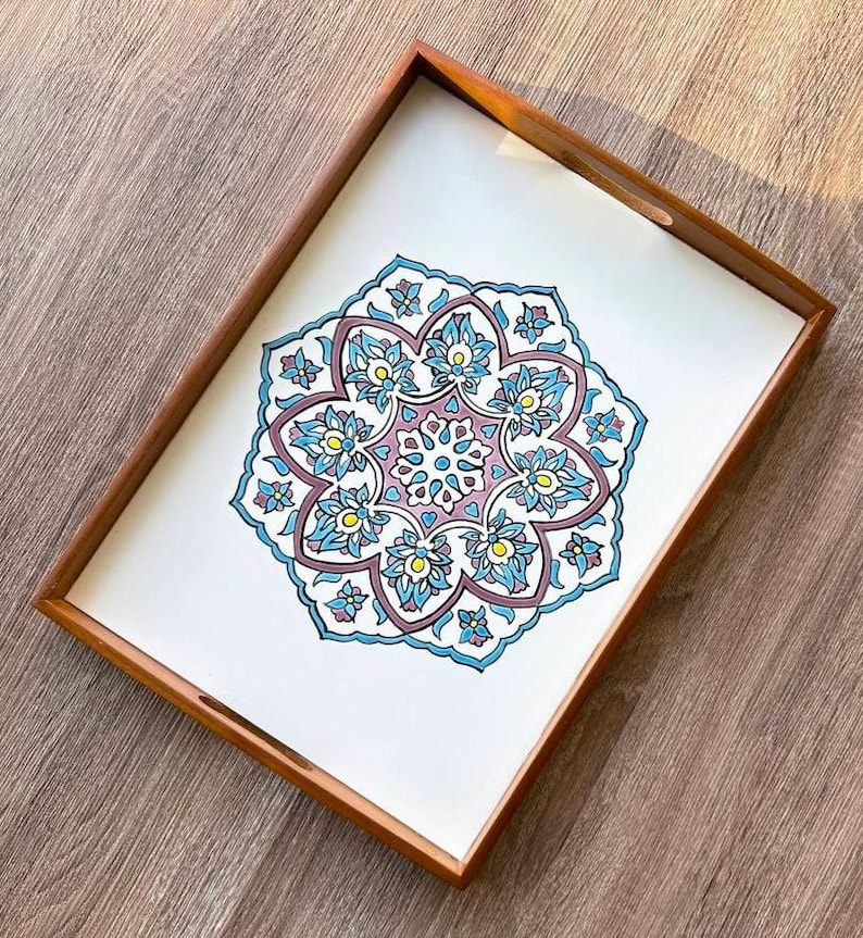 Rustic Serving Tray, Handmade Ceramic Tray, Tray with Ceramic Tile, Persian Design Tile Tr