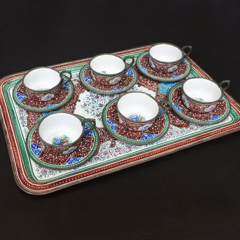 Antique Persian Minakari Enamel Floral Birds Tea & Coffee Cups Saucers Tray Set