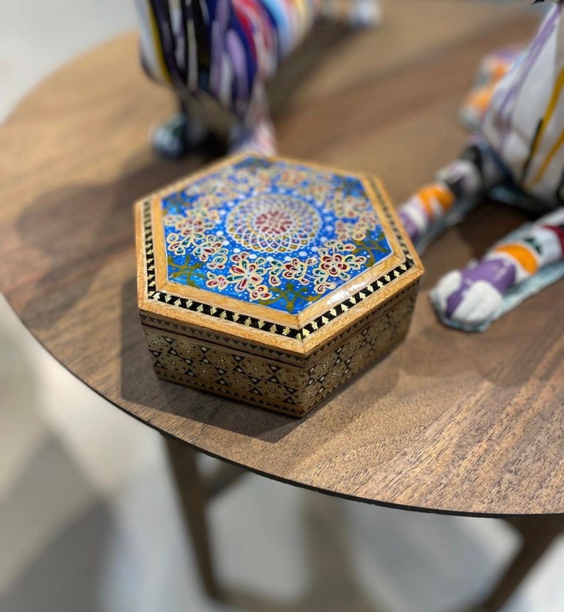 Handmade Blue Persian Khatam Box,Floral Wooden Jewelry Box,Decorative Trinket Storage, Uni، نمای 2