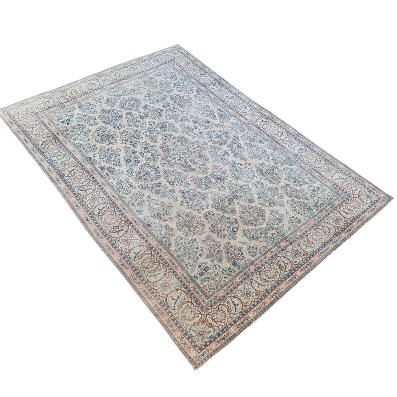 Vintage Hand-Knotted Persian Rug: 7.8x10.6 ft, Blue Ivory Floral Wool Carpet