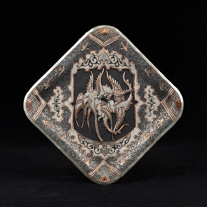 Vintage Engraved Metal Plate: Traditional Ghalamzani Art H9.8"/25cm (N3283)