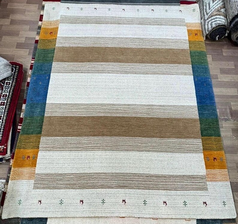 Hand Knotted Wool Gabbeh Rug, Orange Beige Southwestern Geometric، نمای 3
