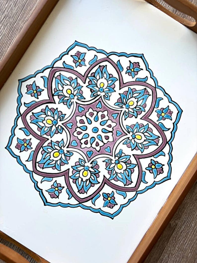 Rustic Serving Tray, Handmade Ceramic Tray, Tray with Ceramic Tile, Persian Design Tile Tr، نمای 2