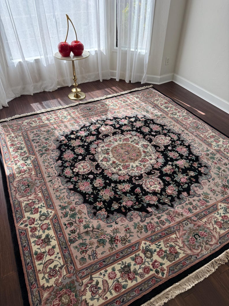 1970s Turkish Tabriz Rug | Hand-Knotted Silk Wool Square Floral Medallion Carpet 8x8 ft.