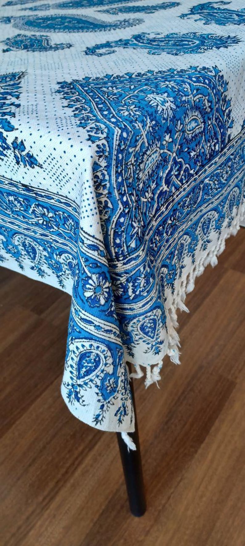 Blue Cotton Tablecloth: Ghalamkar Block Print - 100x150cm