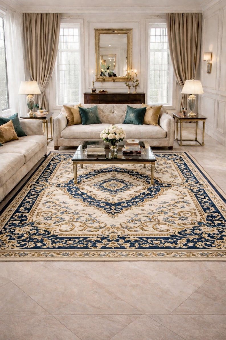 Traditional Persian Style Area Rug – Handmade Blue & Ivory Floral Medallion Carpet, Classi