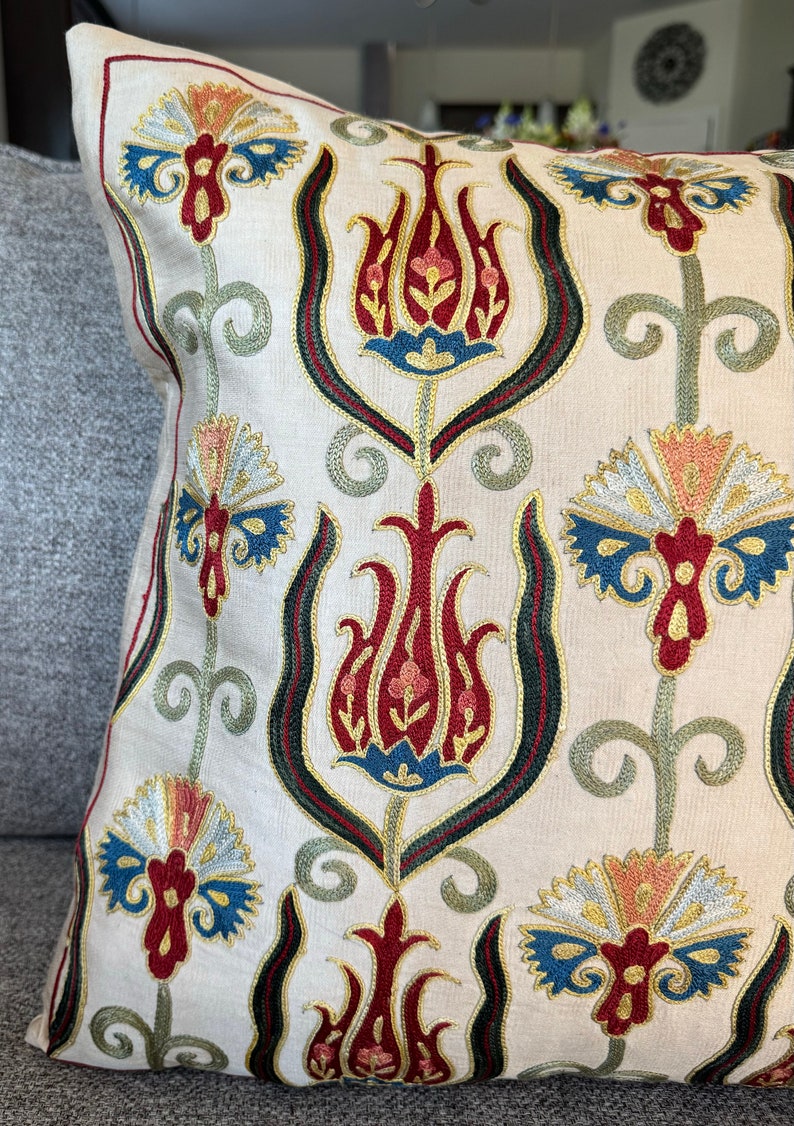 Hand Embroidered Suzani Pillow Cover: Uzbek Silk/Cotton Cushion (18x18)