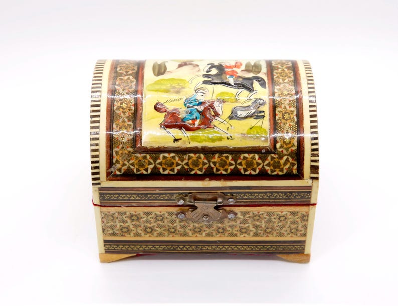Vintage Persian Khatam Box Inlaid Wood Folk Ethnic Figurative Hunters
