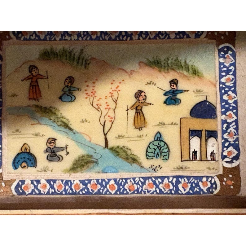 VTG Persian Miniature Painting On Camel Bone Panel In Khatam Frame 6" X 4" OOAK