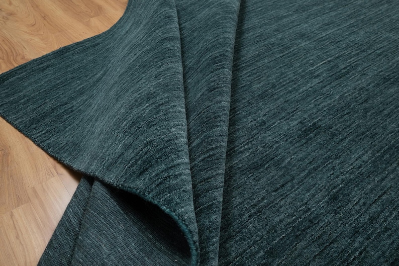 Handmade Dark Green Wool Gabbeh Rug, Minimalist Forest Green Carpet
