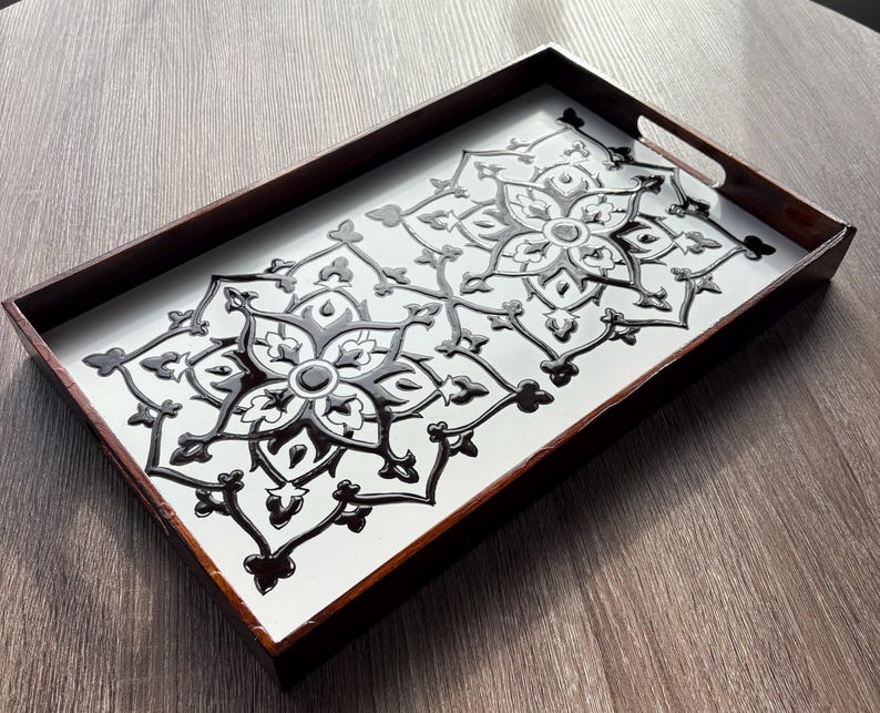 Wooden Serving Tray with Ceramic Tile, Persian Design Tile Tray, Decorative Serving Tray, ، نمای 2