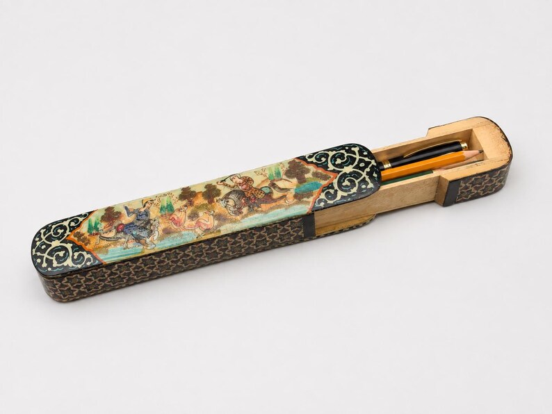 Persian Lacquer Pencil Case • Miniature Painting Khatam Box • Dark Academia Desk Art، نمای 3