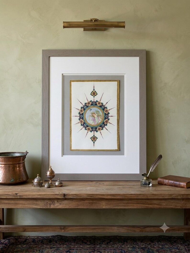Persian Miniature Painting, Framed Tazhib Illumination Art, Islamic Geometric Medallion Ar, view 2
