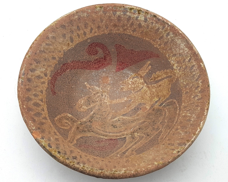 6" Wonderful Bowl Persian Islamic Pottery Centuar & Horse Stoneware Designs Terracotta #CP