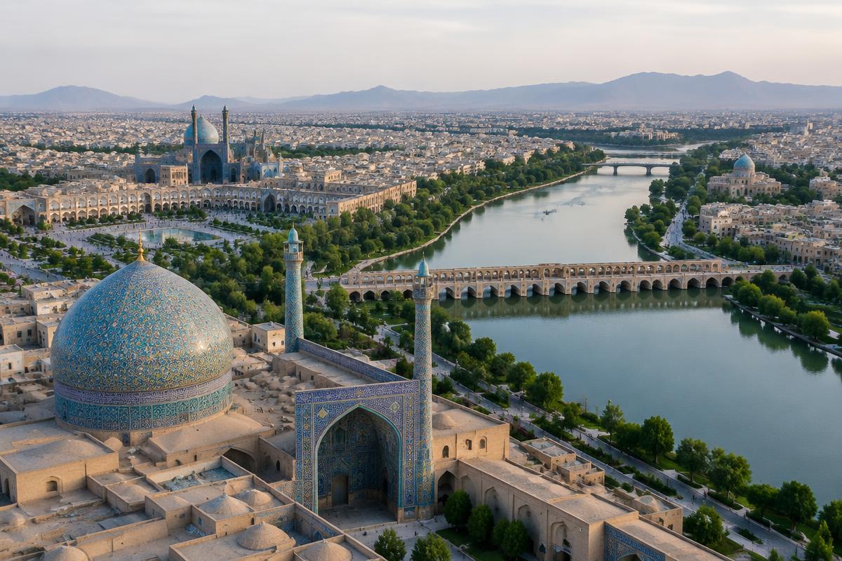 Isfahan from above, with tiled domes and the Zayandeh river